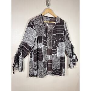 Magic Top Womens Blouse Tie Front Patchwork Boho Floral Brown Lightweight Kimono